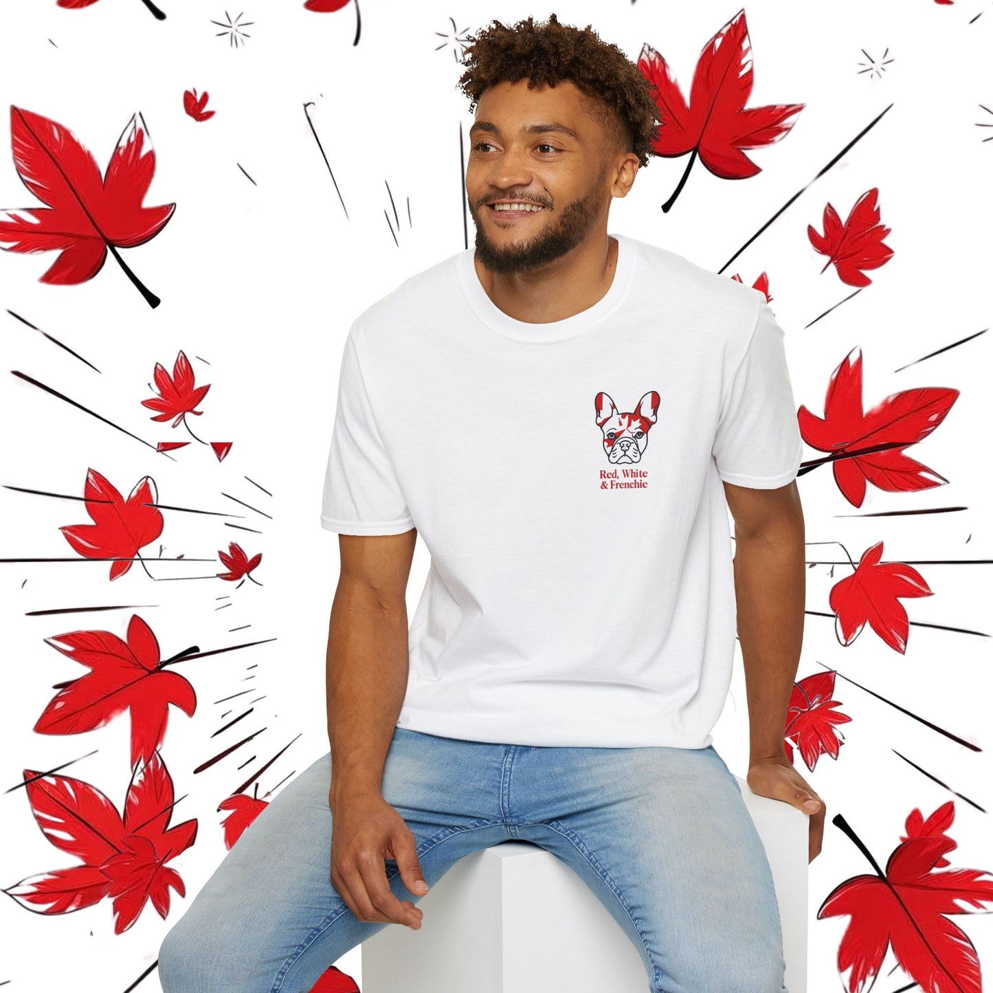Red, White & Frenchie – Left Chest Logo Unisex Jersey Tee │ Canada Day French Bulldog Shirt