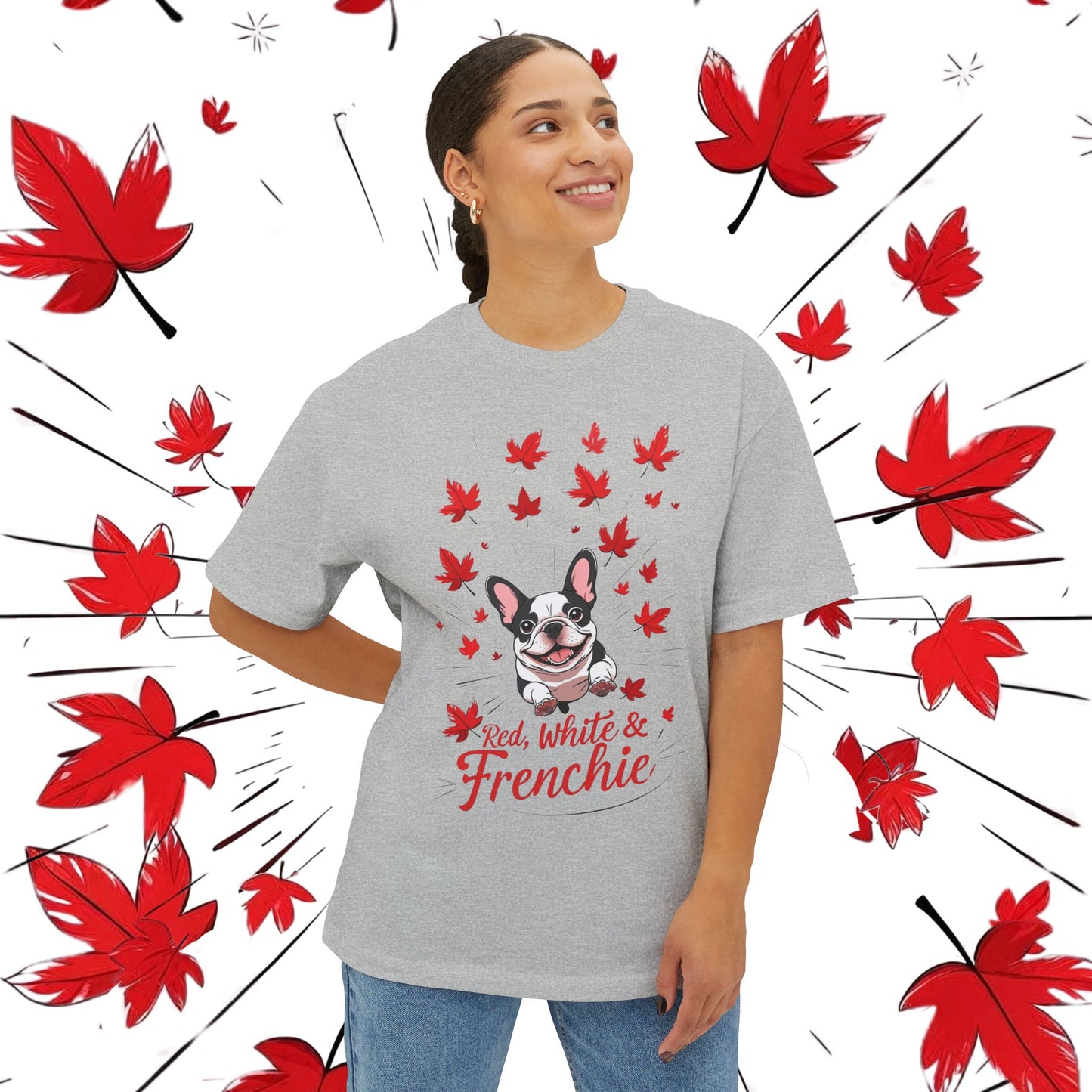 Oversized Unisex Canada Day T-Shirt | Red, White & Frenchie French Bulldog Tee
