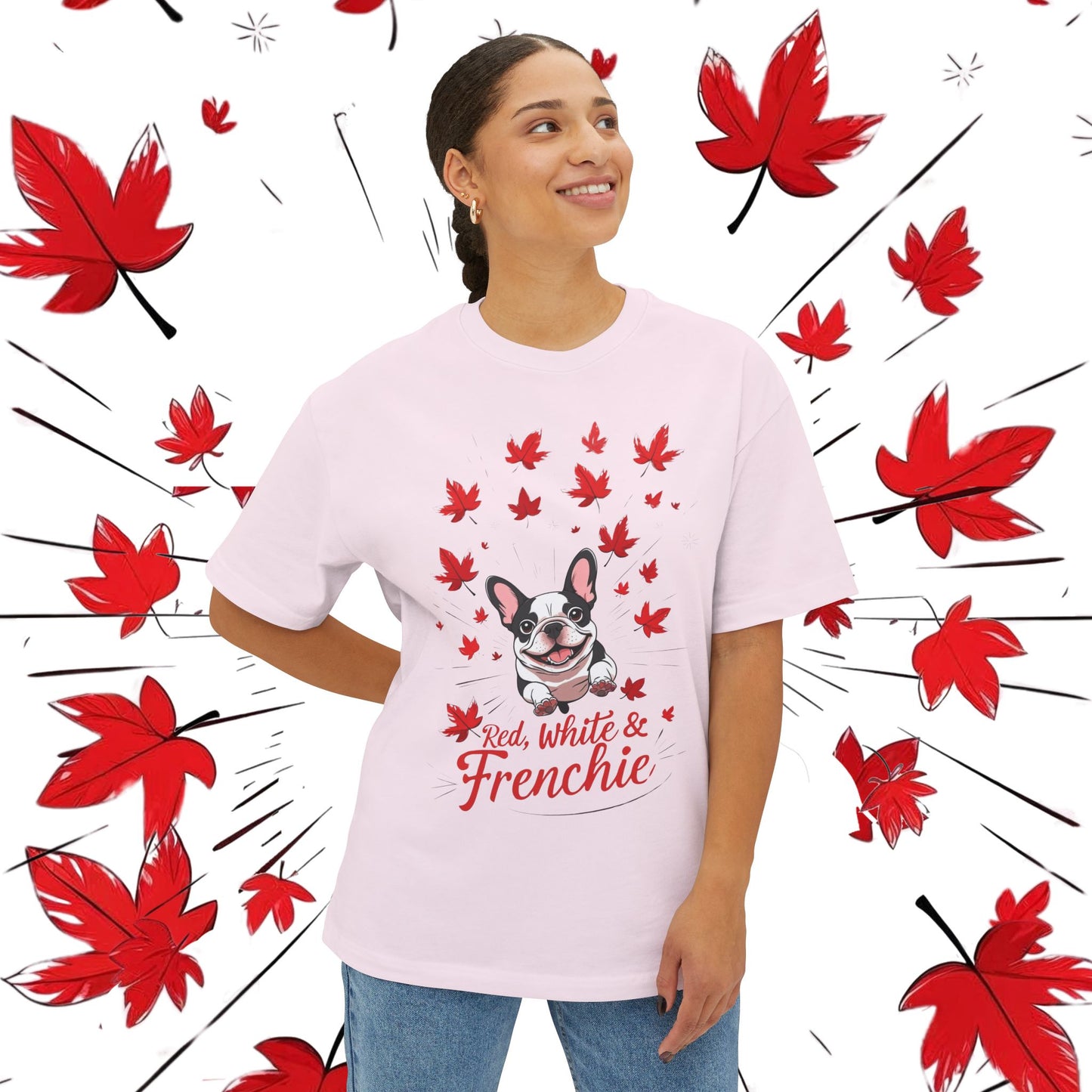 Oversized Unisex Canada Day T-Shirt | Red, White & Frenchie French Bulldog Tee