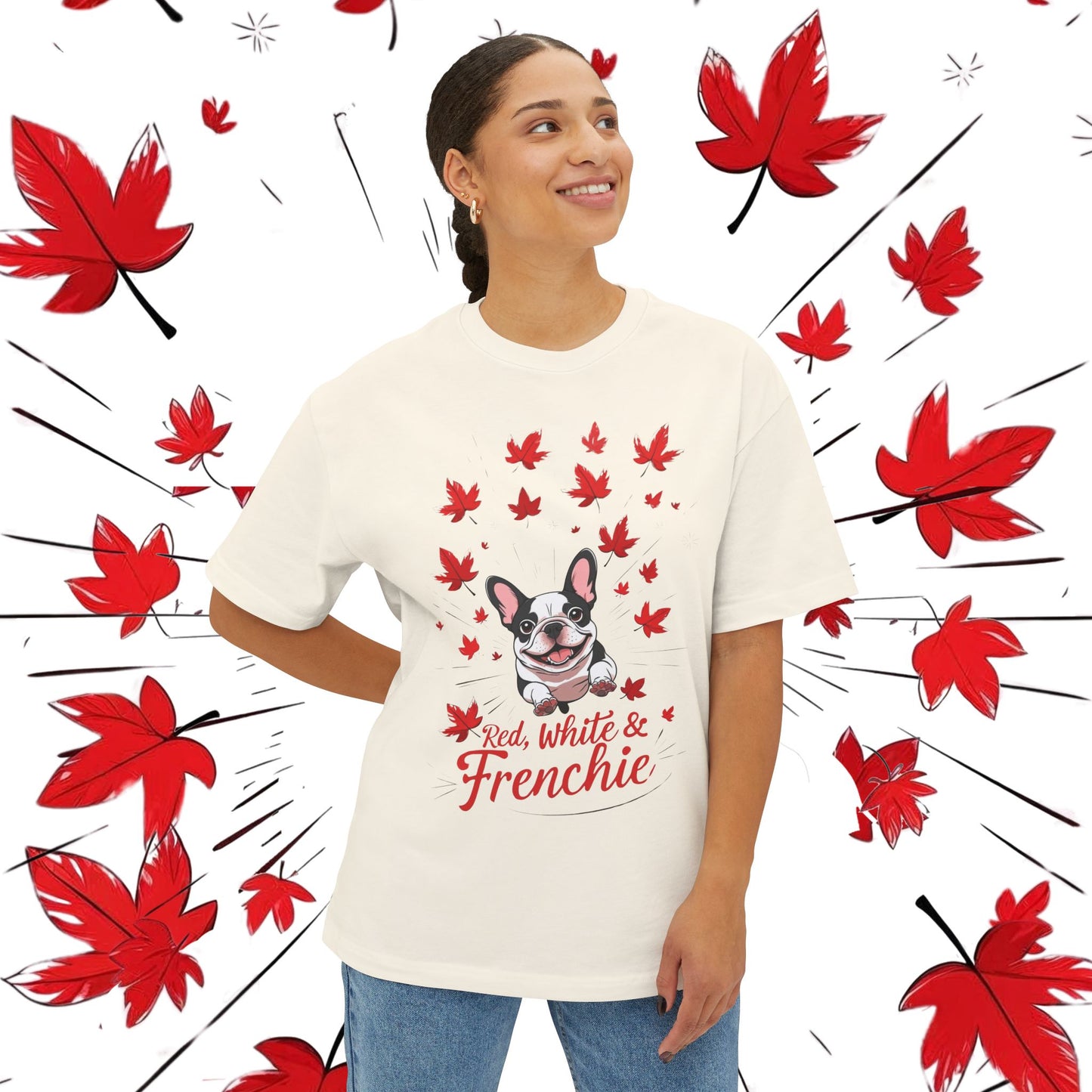 Oversized Unisex Canada Day T-Shirt | Red, White & Frenchie French Bulldog Tee