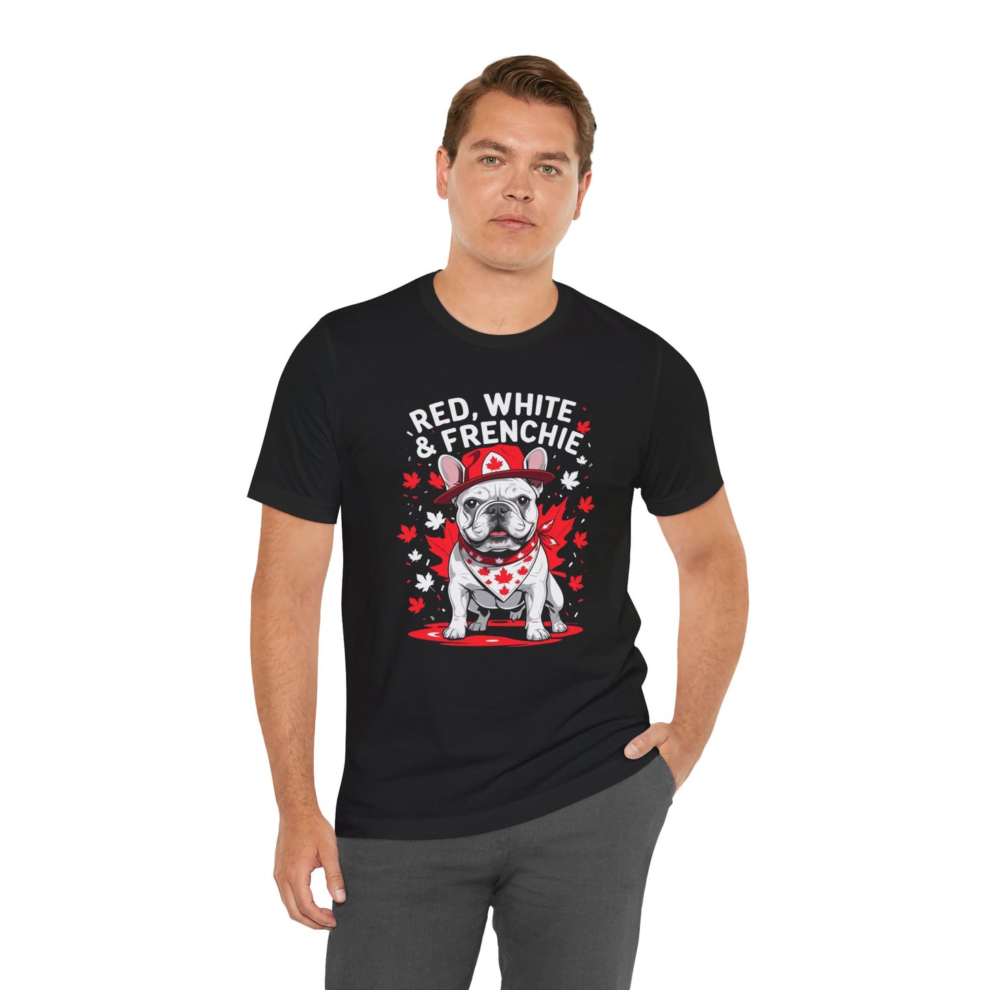 Red, White & Frenchie – Unisex Jersey Short Sleeve Tee │ Canada Day French Bulldog Shirt