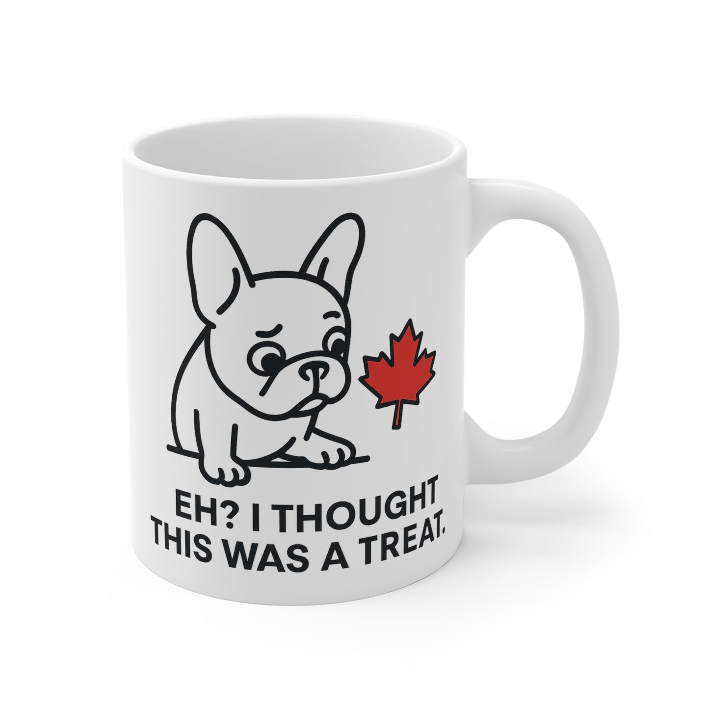 “Eh? I Thought This Was a Treat.” – Frenchie & Maple Leaf Ceramic Mug (11 oz | 15 oz | 20 oz)