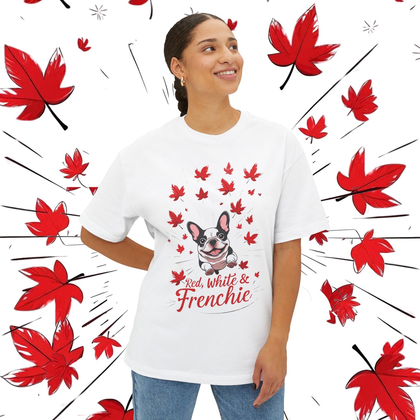 Oversized Unisex Canada Day T-Shirt | Red, White & Frenchie French Bulldog Tee