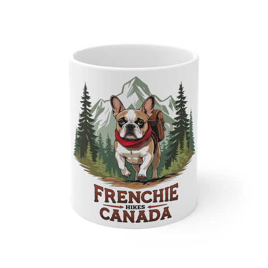 Frenchie Hikes Canada – Ceramic Adventure Mug (11 oz | 15 oz | 20 oz) │ French Bulldog Gift