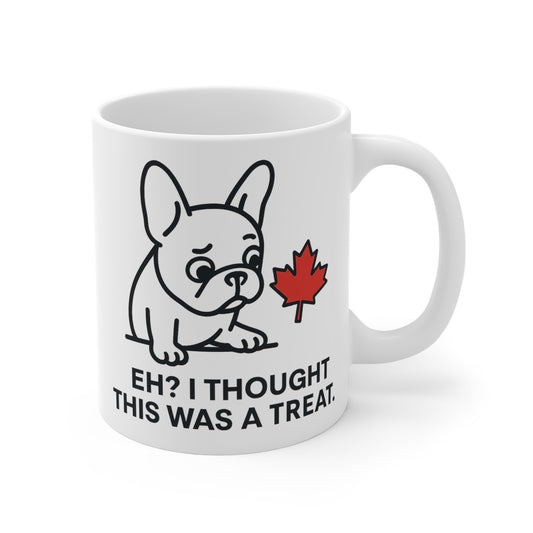 “Eh? I Thought This Was a Treat.” – Frenchie & Maple Leaf Ceramic Mug (11 oz | 15 oz | 20 oz)